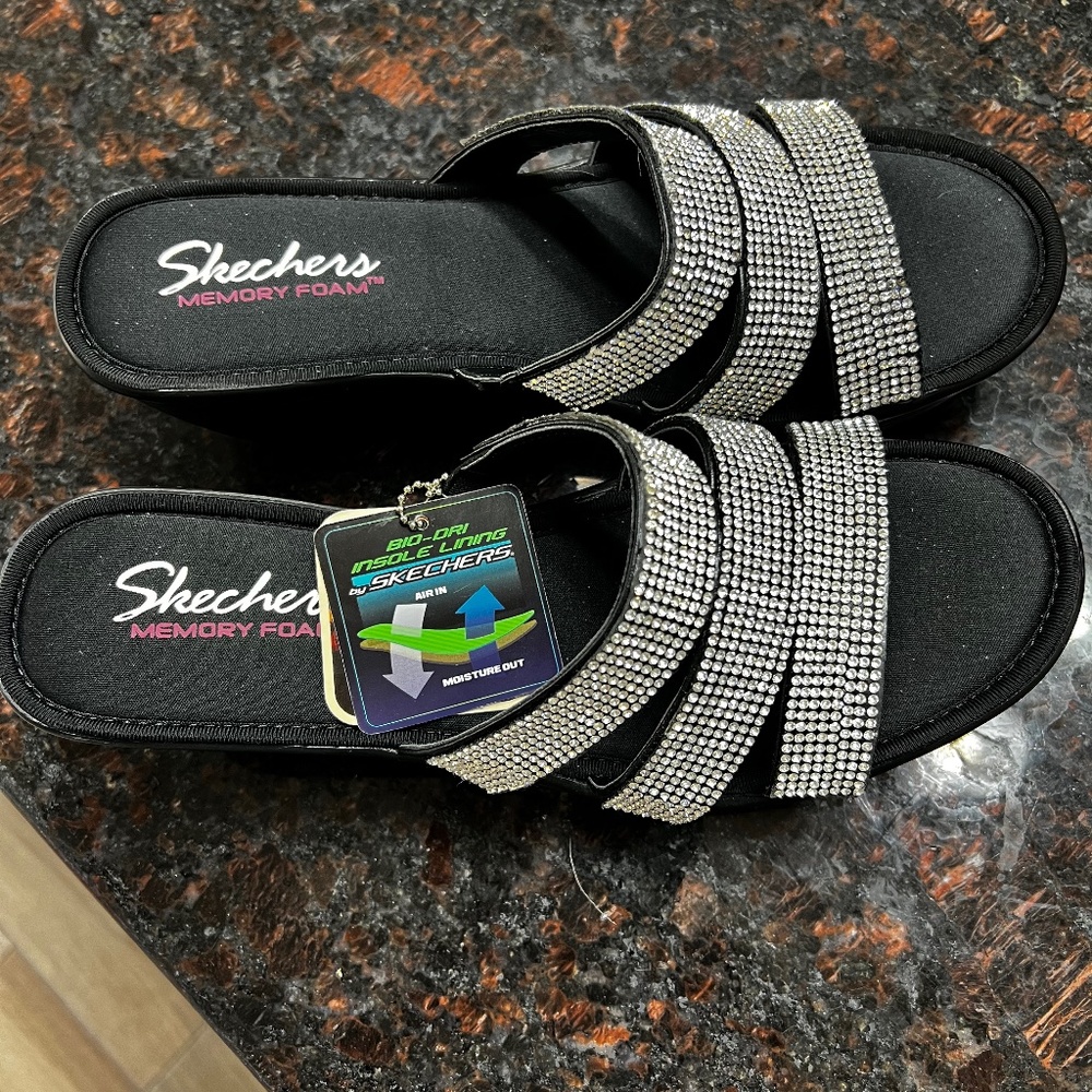 Black with sliver rhinestones Skechers Cali Memory Foam Wedges